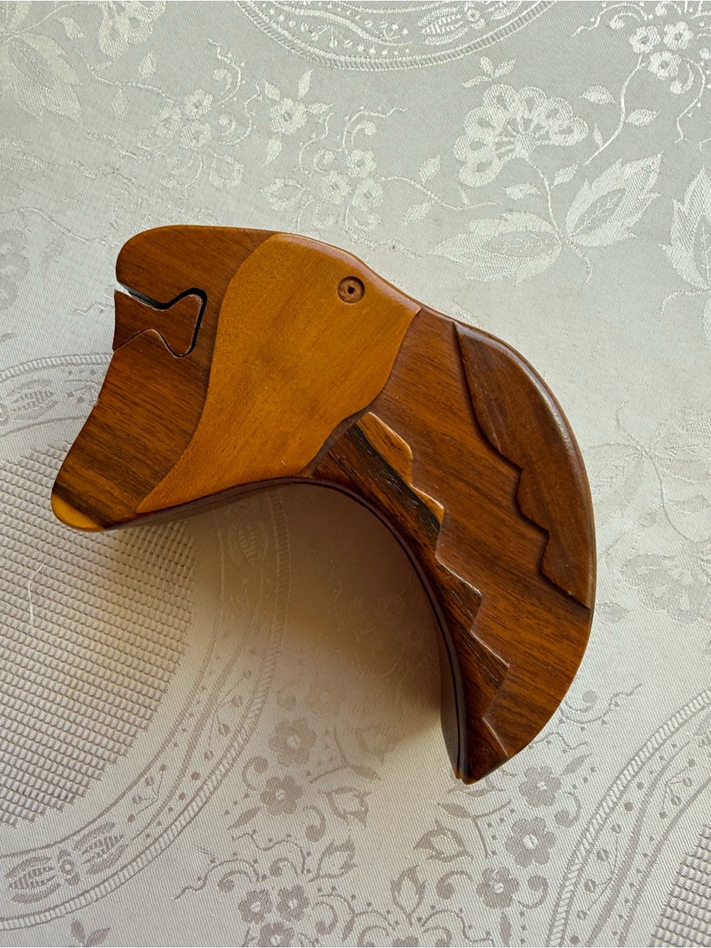 Hand- Carved Wooden Toucan Puzzle Hidden Compartment Jewelry Box Rich Brown/Hone
